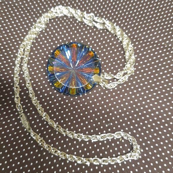Vintage Multicolored Grooved Glass Pendant Silver Colored Chain Necklace Germany - Picture 2 of 8